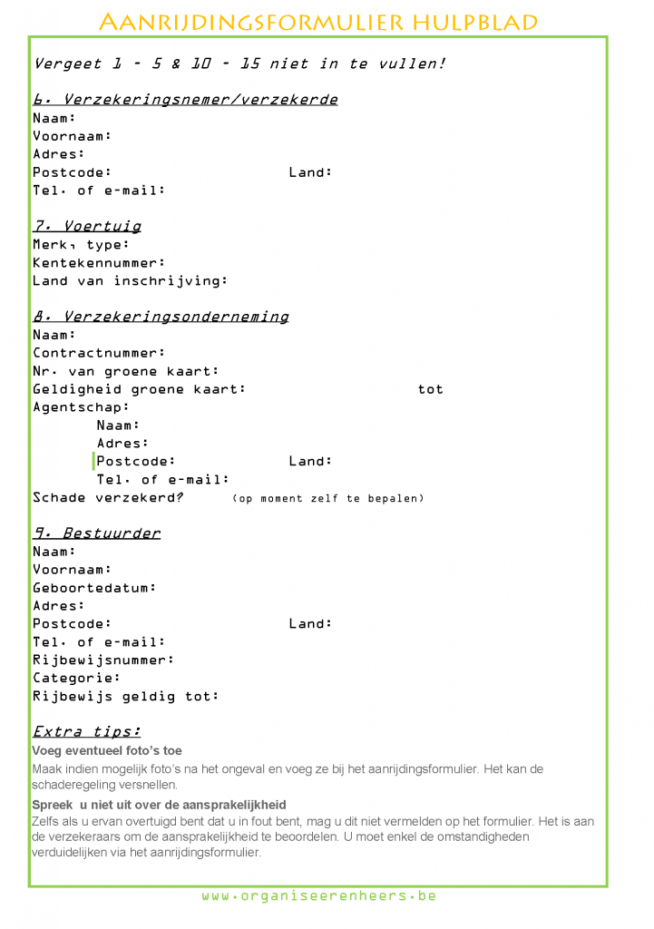 Aanrijdingsformulier invulblad